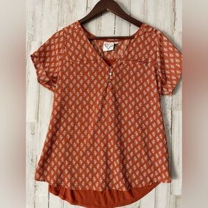 Janet Chung Orange Abstract Print Blouse Gold Buttons Women's SZ Large